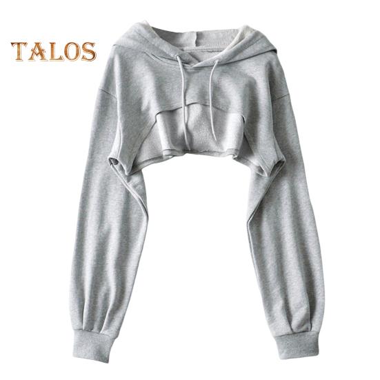 Kurzer Hoodie für Damen, unregelmäßige, einfarbige Kapuze, lange Ärmel, Kordelzug, elastische Manschette, lockeres individuelles Sport-Streetwear-Oberteil für den Alltag
