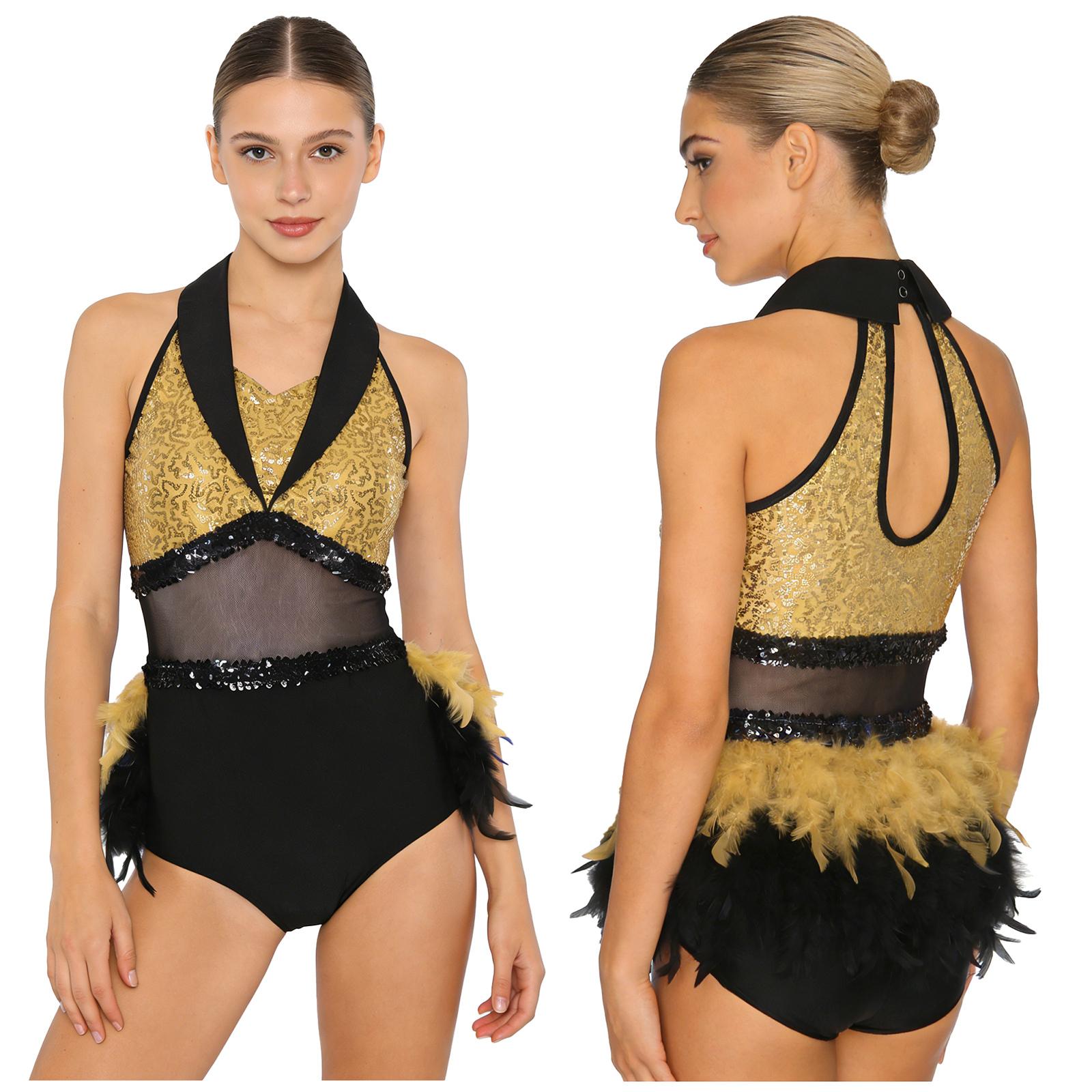 

S-XXL Womens Rumba Cha-cha Dance Bodysuit Shiny Sequin Color Blocking Mesh Waist Feather Hem Sleeveless Cutout Leotard Jumpsuit Dance Costume XXL жовтий