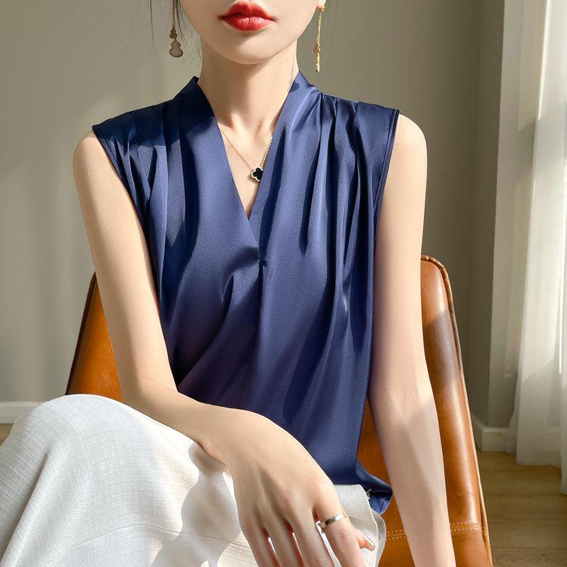 Satin Imitation Silk V-neck Sling Vest Women's Summer Suit with Sleeveless Shirt Hanging Neck Solid Color Top