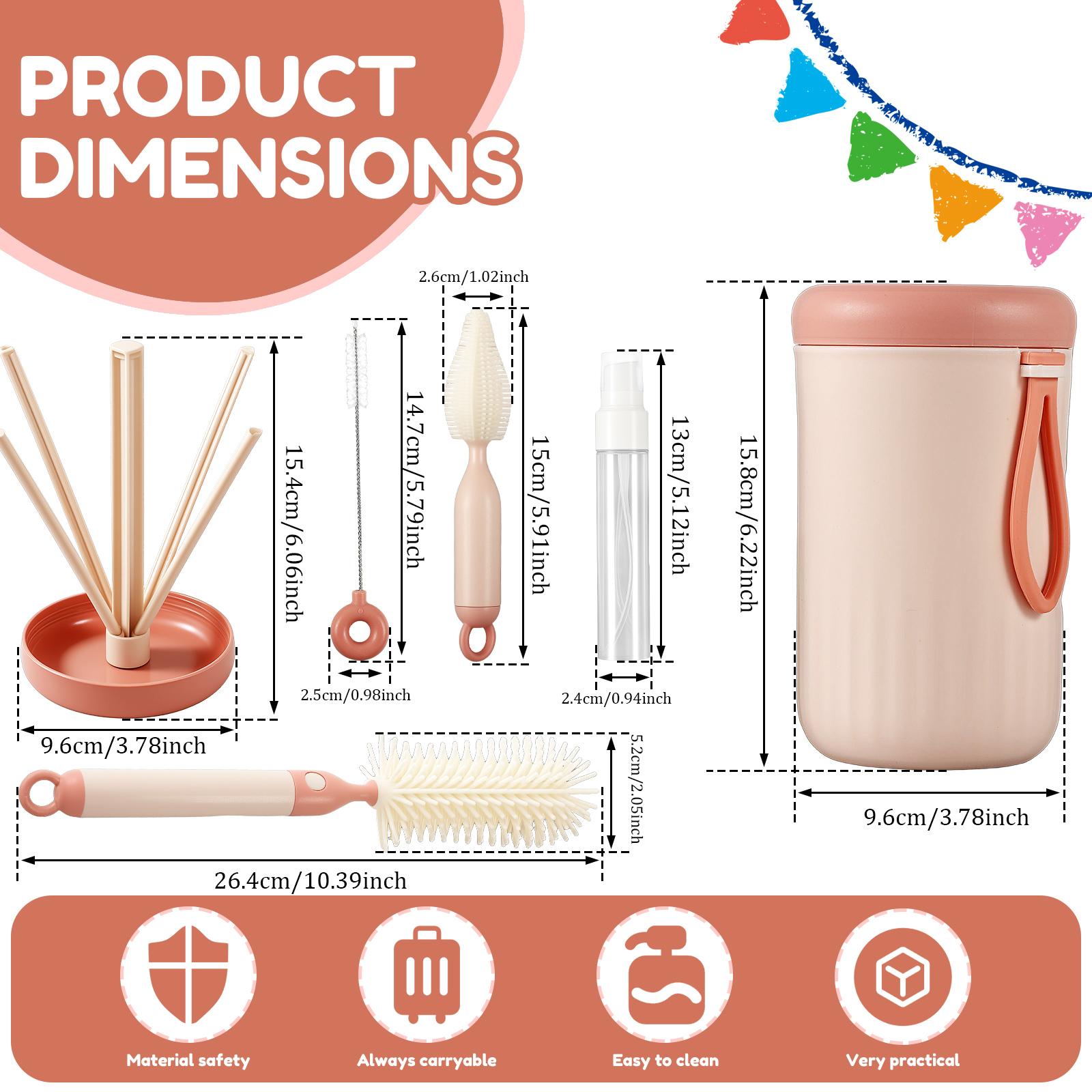 6Pcs Baby Bottle Cleaning Kit Portable Travel Silicone Baby Bottle Cleaner Brush Set with Foldable Drying Rack & Storage Bucket