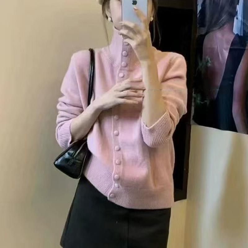 Women's High Neck Knit Cardigan 2026 Autumn Solid Color Single Breasted Sweater Outerwear Woman Korean Soft Cashmere Knitwear