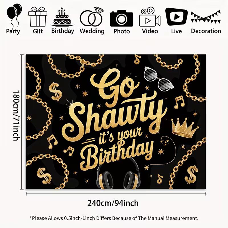 2D Black Gold Hip Hop Birthday Backdrop Go Shawty It s Your Birthday Party Decoration Banner 47.2x31.5inch/120*80cm