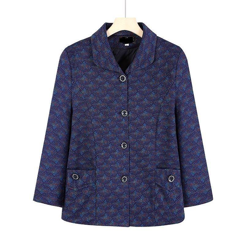 Single-piece Coat Middle-aged and Elderly Women's Lapel Printed Top Open Button Long Sleeves