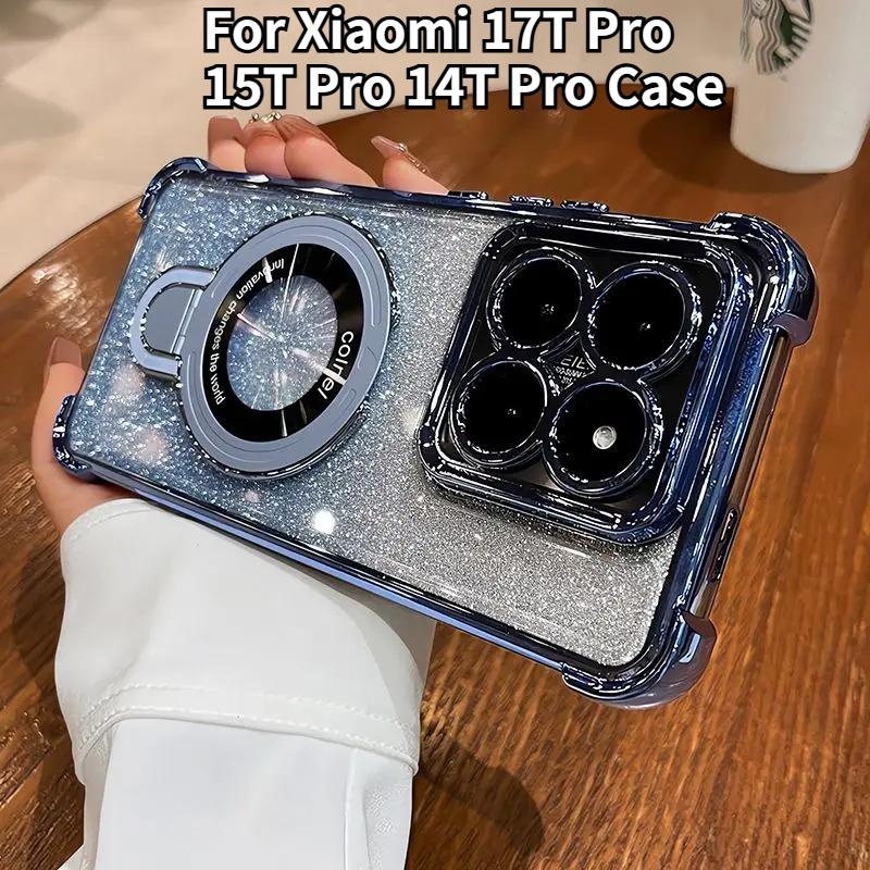 Custodia Lussuosa in Silicone Galvanizzato per Xiaomi 17T Pro 15T Pro 14T con Glitter Degradé Anello Magnetico Supporto Cover Antiurto