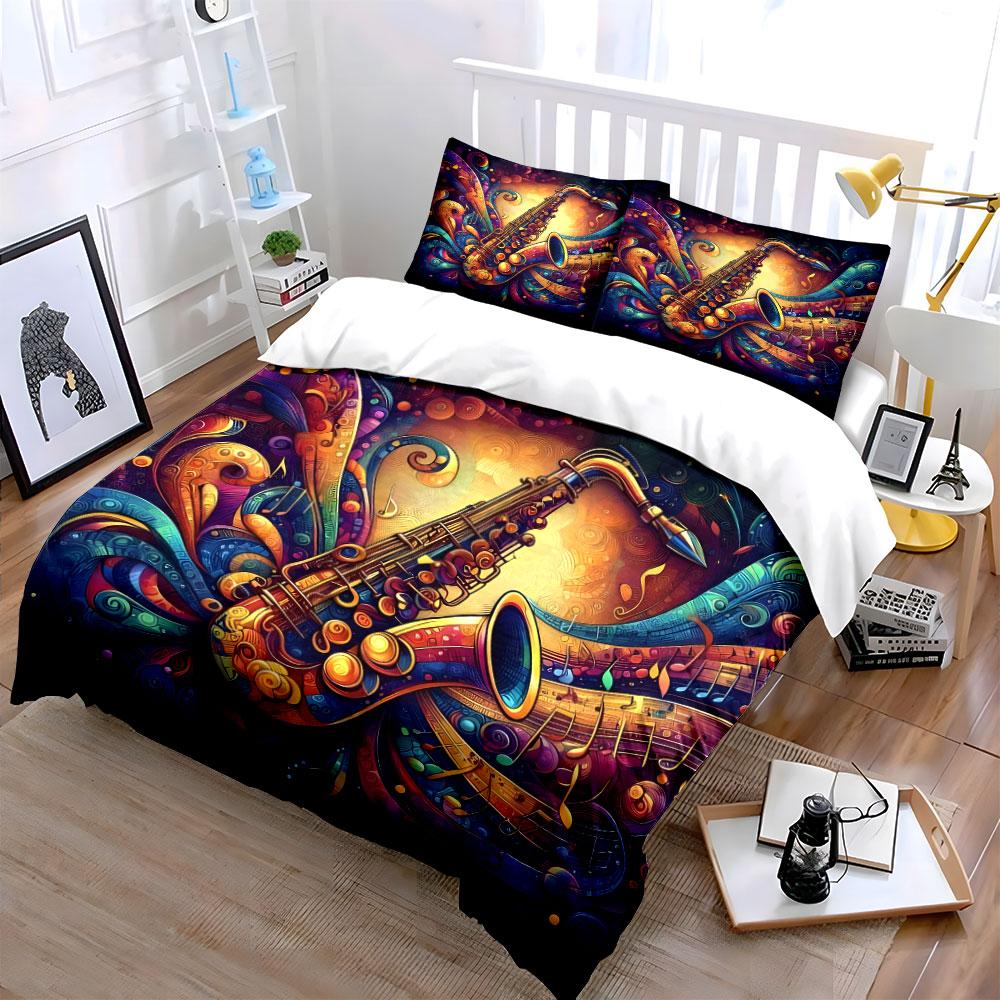 Set Biancheria da Letto Colorato con Decorazione Musicale di Sassofono con 1 Copripiumino 2 Federe Singolo Matrimoniale King Queen, Regalo