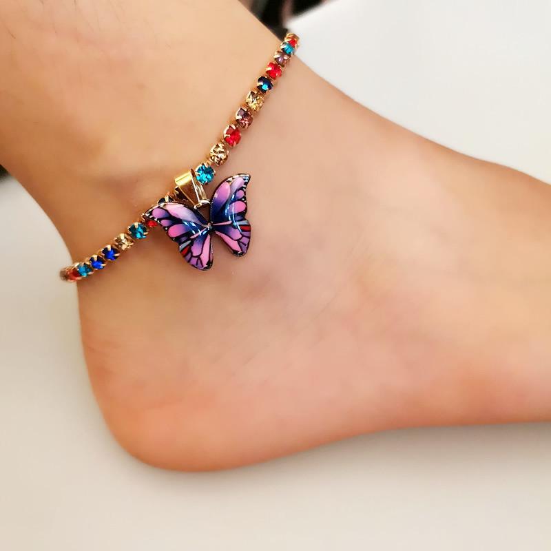 Women's Rhinestone Butterfly Pendant Anklet - Trendy Sparkling Foot Jewelry
