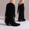 Autumn and winter new ebay supply fringed  boots size small square head solid color versatile high heel medium boots