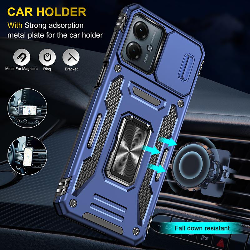 Armor Series For Motorola Moto G54 5G Case PC+TPU Kickstand Phone Cover with Slide Lens Protector