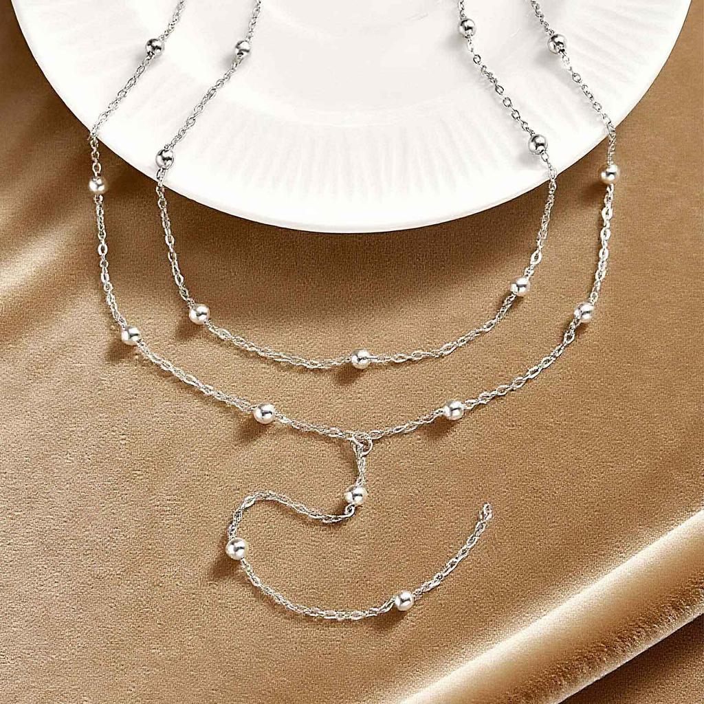 Women's Stainless Steel Double Layer Y-Shaped Gold Tassel Necklace