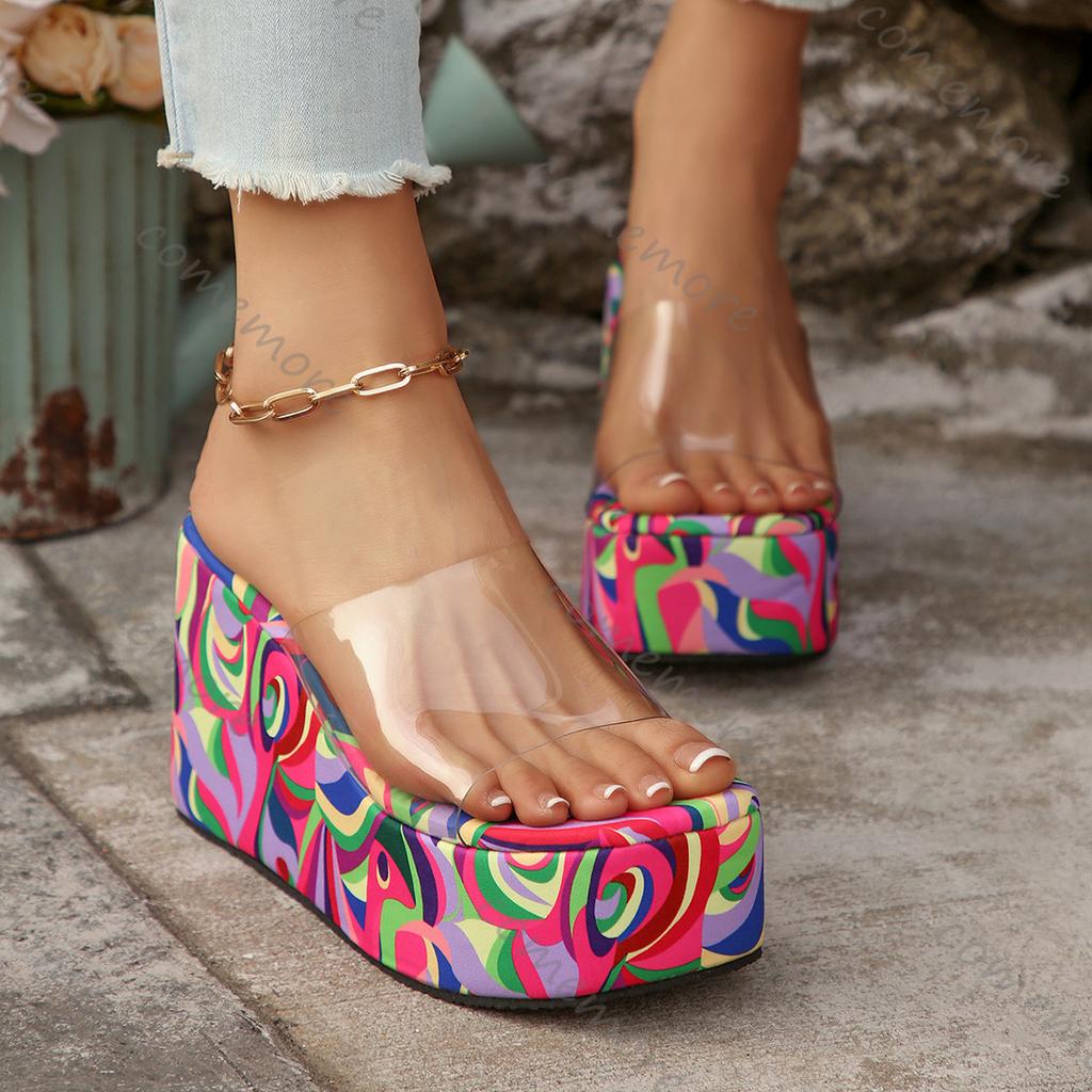 Mode Comemore Bunte Keilsandalen Hausschuhe Damen Sommer Hohe Absätze PVC Transparente Riemen Pantoletten Lässig Peeptoe Plateau Sandalen