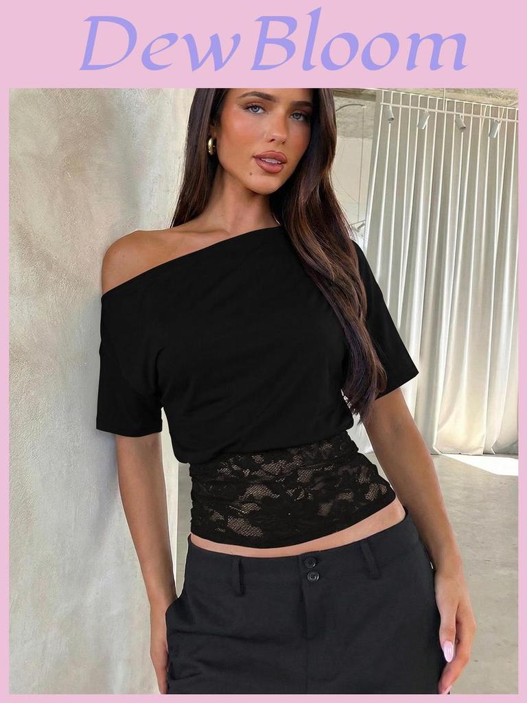 Tshirt For Women Lace Spliced Off Shoulder Short Sleeve With Slim Fit For Party And Casual Wear