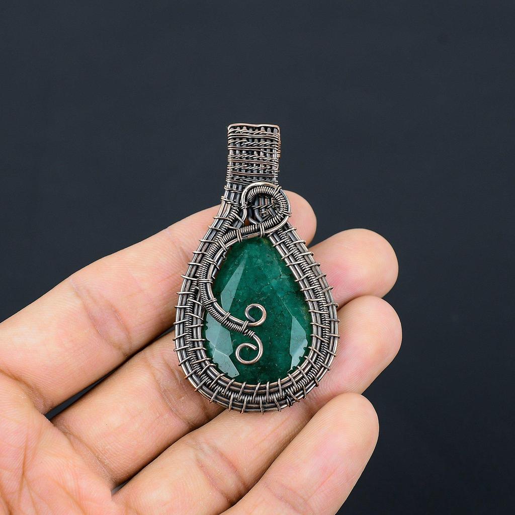 Emerald Pendant, 999 Copper Wire Wrapped Pendant Gemstone Jewelry, Handmade Pendant Amazing Jewelry, Gift For Her