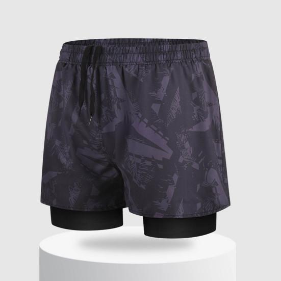 Men Swim Shorts Slim Fit Double Layers Quick Dry Conservative Breathable Swimming Elastic Waist Printed Swimming Trunks