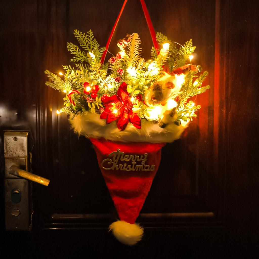 Creative Luminous Christmas Hat Decorative Door Hanging Pendant, Christmas Green Plant Needle Door Hanging Christmas Tree Decoration Supplies