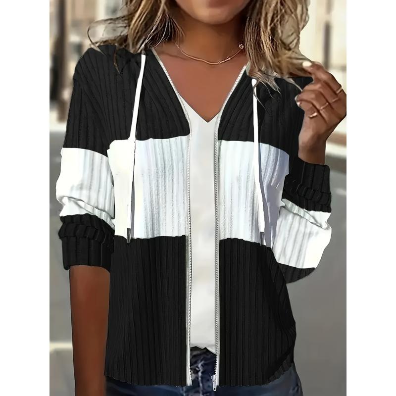 Colorblock Zip-up Hoodie-Jacke, Lässige Langarm-Kordelzug-Rippstrickjacke für Frühling & Herbst, Damenbekleidung