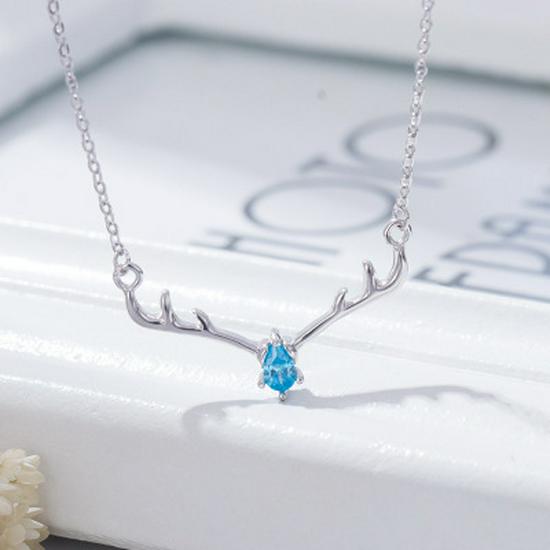 

S925 Sterling Silver Christmas Reindeer Antlers Pendant Necklace for Women White Diamond Set Necklace