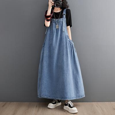 Korean Fashion Spring Summer Women's Plus Denim Long Suspender Sundresses Casual Loose Blue Sleeveless Dress Vintage Versatile Baggy Dress