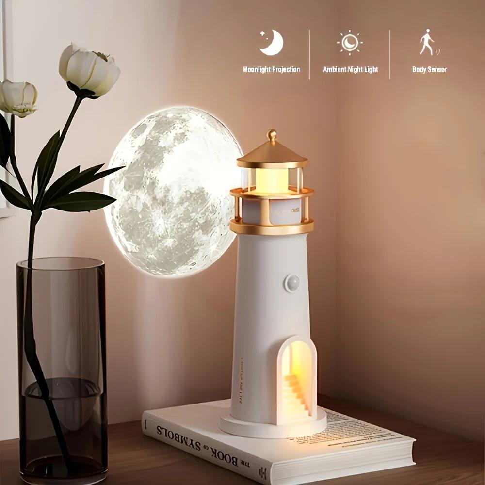LED Night Light Lighthouse with Montion Sensor, RechargeableTabletop Lamp, Moonlight Projection Lamp for Indoor Ambient Light