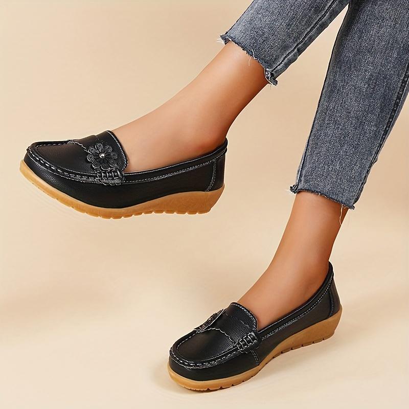 Women's Flower Decor Flat Loafers, Casual Solid Color Slip On Shoes, Lightweight & Comfortable Shoes