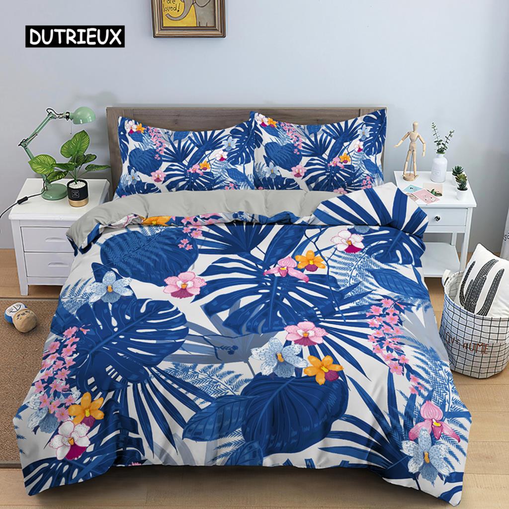 Tropical Plant Bed Linen Collection Green Leaves Quilt Cover with Zipper Closure Comforter Cover Queen Size King Dimension Full Polyester Fabric Quilt