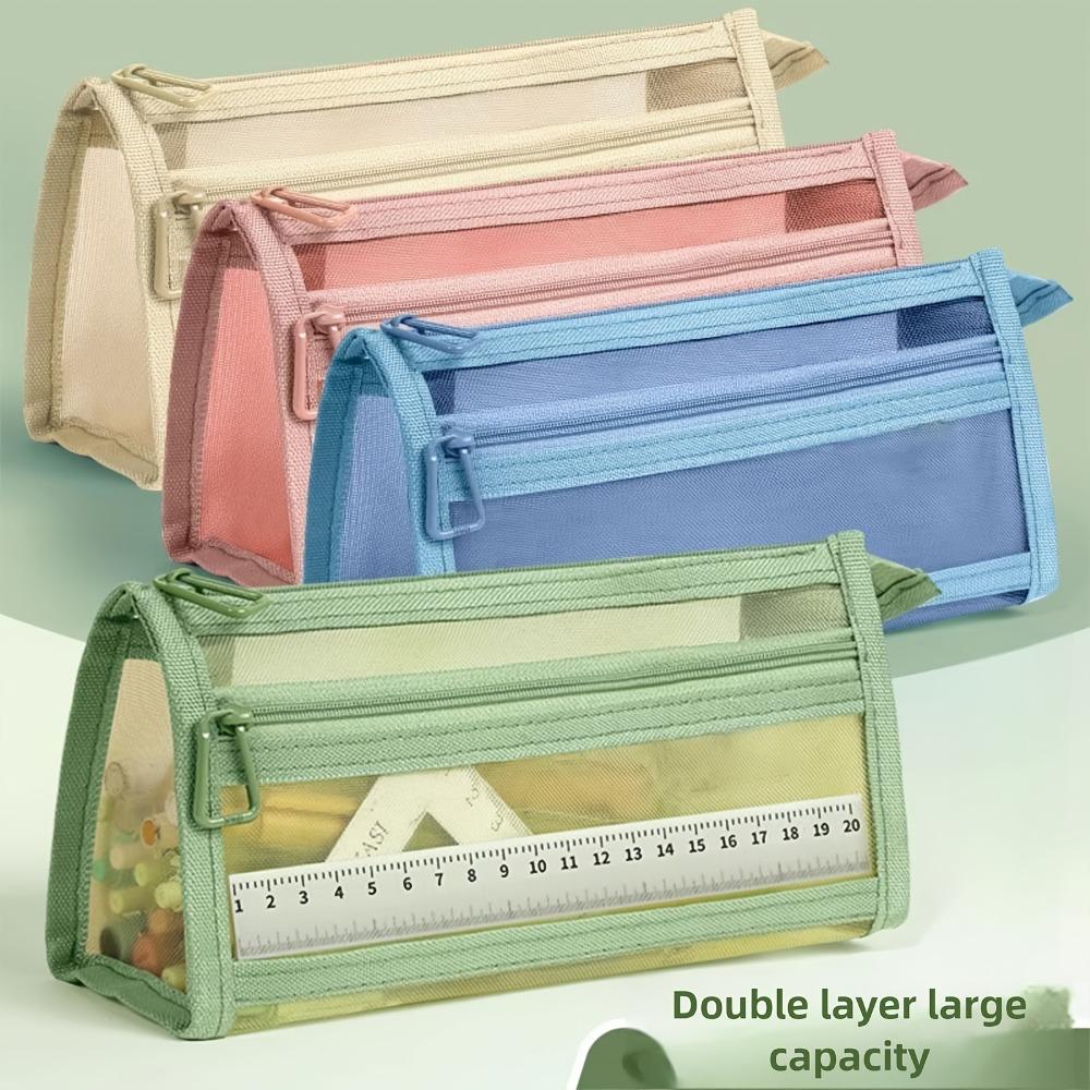 Desk Storage Morandi Mesh Pencil Case with Handle and Zipper, Cute Transparent Stationery Storage Bag