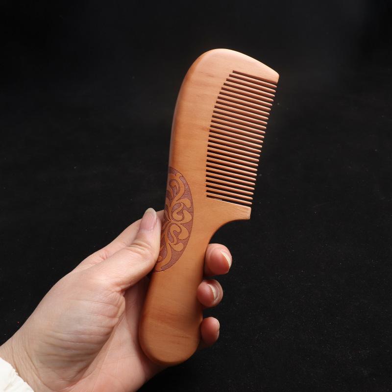 Solid Wood Moon Comb: Peach Wood Carved Straight Hair Comb, Portable and Scalp Massaging with Custom Logo/Gift Text.