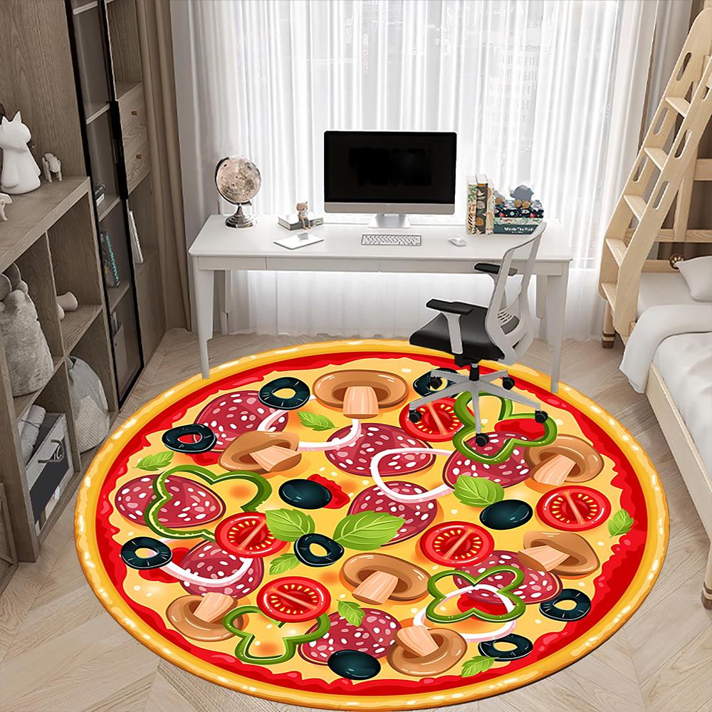 1 szt. Dywan z nadrukiem pizzy do biura, antypoślizgowy, okrągły dywan, miękki i wygodny, dywan do biura, lekka okrągła mata podłogowa