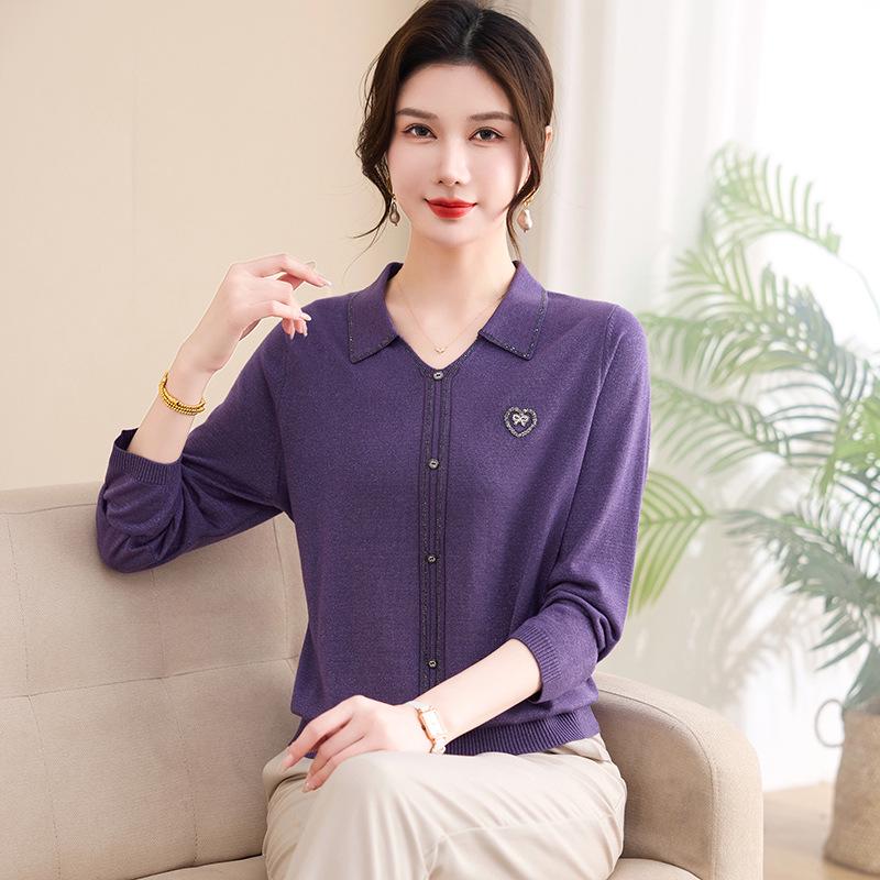 Spring & Autumn Nine-Sleeve Plus Size Knitwear for Middle-Aged Women, Lapel Wool Base Layer T-shirt