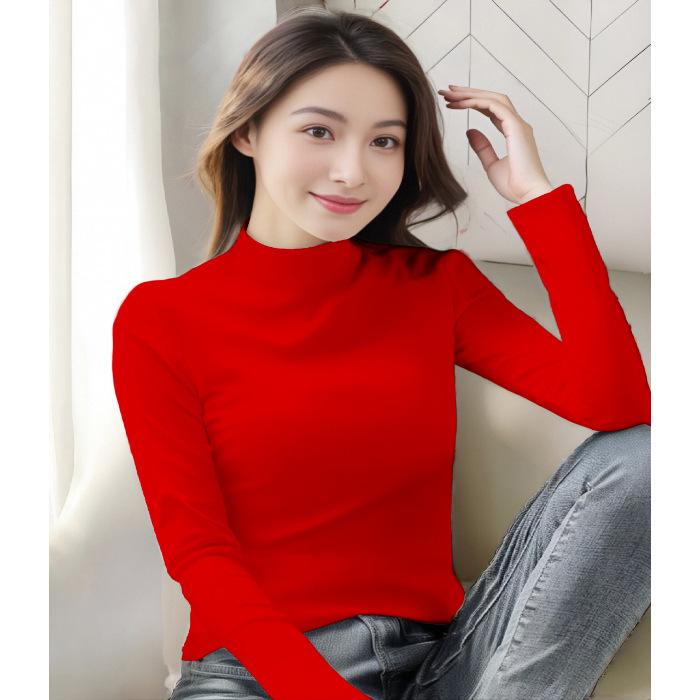 Women's Slim-Fit Fleece Long Sleeve Shirt - Autumn/Winter Solid Color, Half-High Collar