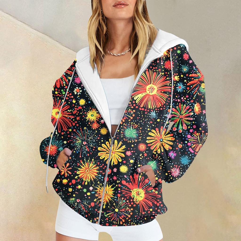 Women's Christmas Printed Sweatshirt  Winter Long Sleeve Cardigan Jacket With Pockets Zipper Hoodie Outerwear