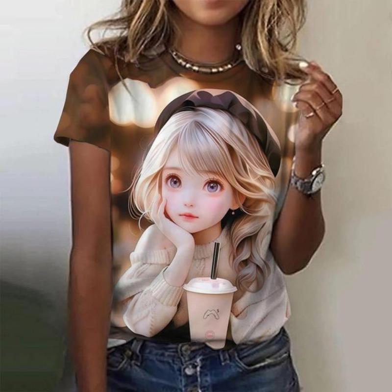 Stampa Cartone Animato Bambina Carina T-shirt da Donna Estate Nuove Maniche Corte T-shirt Moda Larga Street Scollo a O Abbigliamento Donna Top