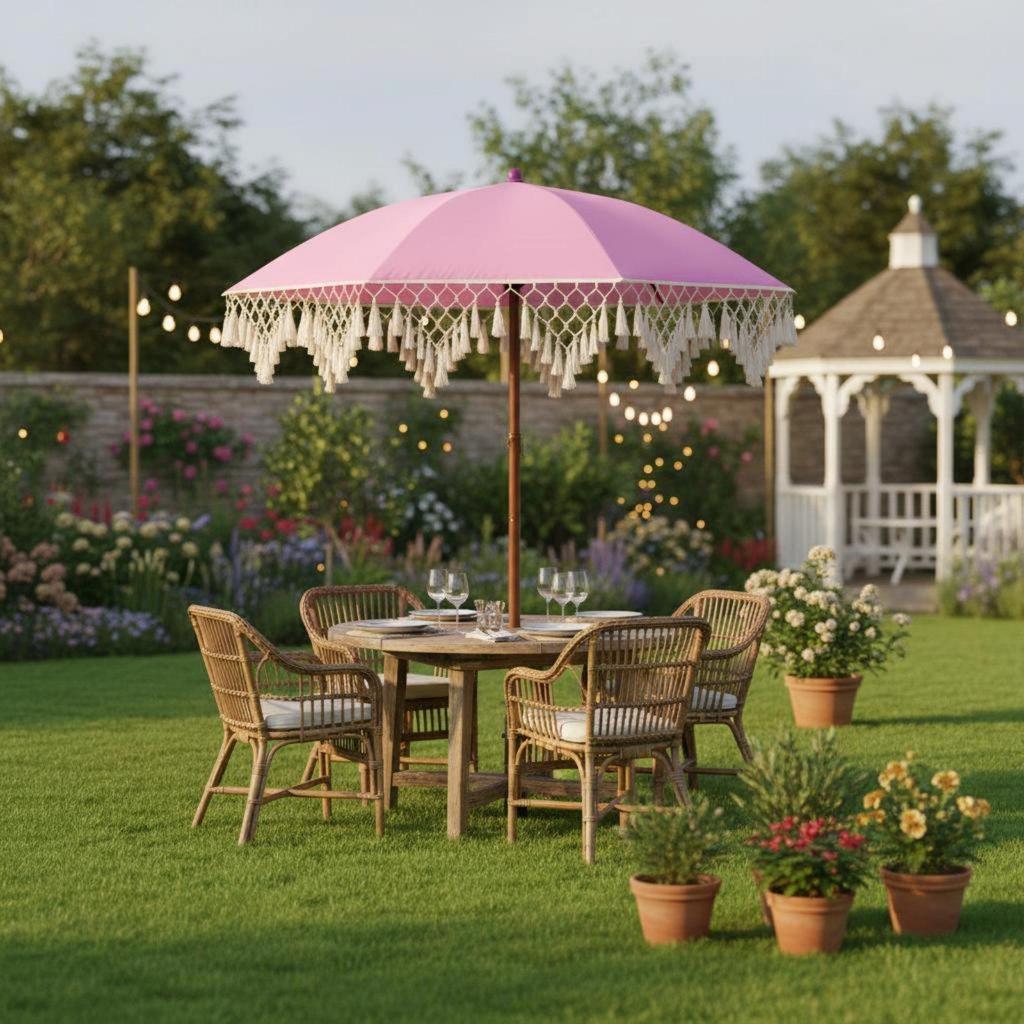Tassel Patio Umbrella Portable Beach Sturdy 8-Rib Construction