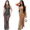 Damen Mode Einfarbige Netz-Ärmelloses Langes Kleid mit Heißbohr-Details