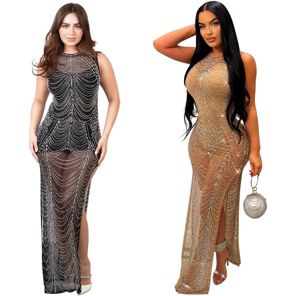 Damen Mode Einfarbige Netz-Ärmelloses Langes Kleid mit Heißbohr-Details