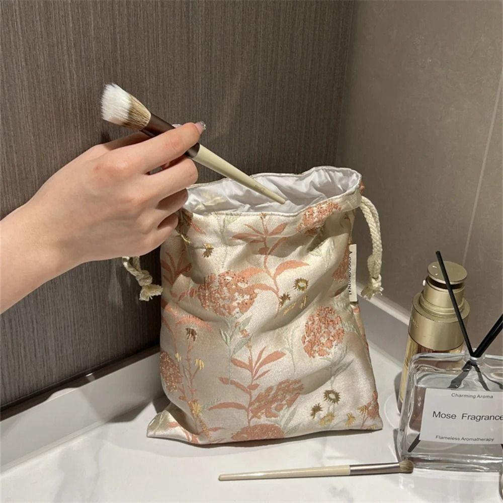Portable Polyester Drawstring Bags Large Capacity Flower Makeup Bag Drawstring Packaging Coin Purse Cosmetic Storage