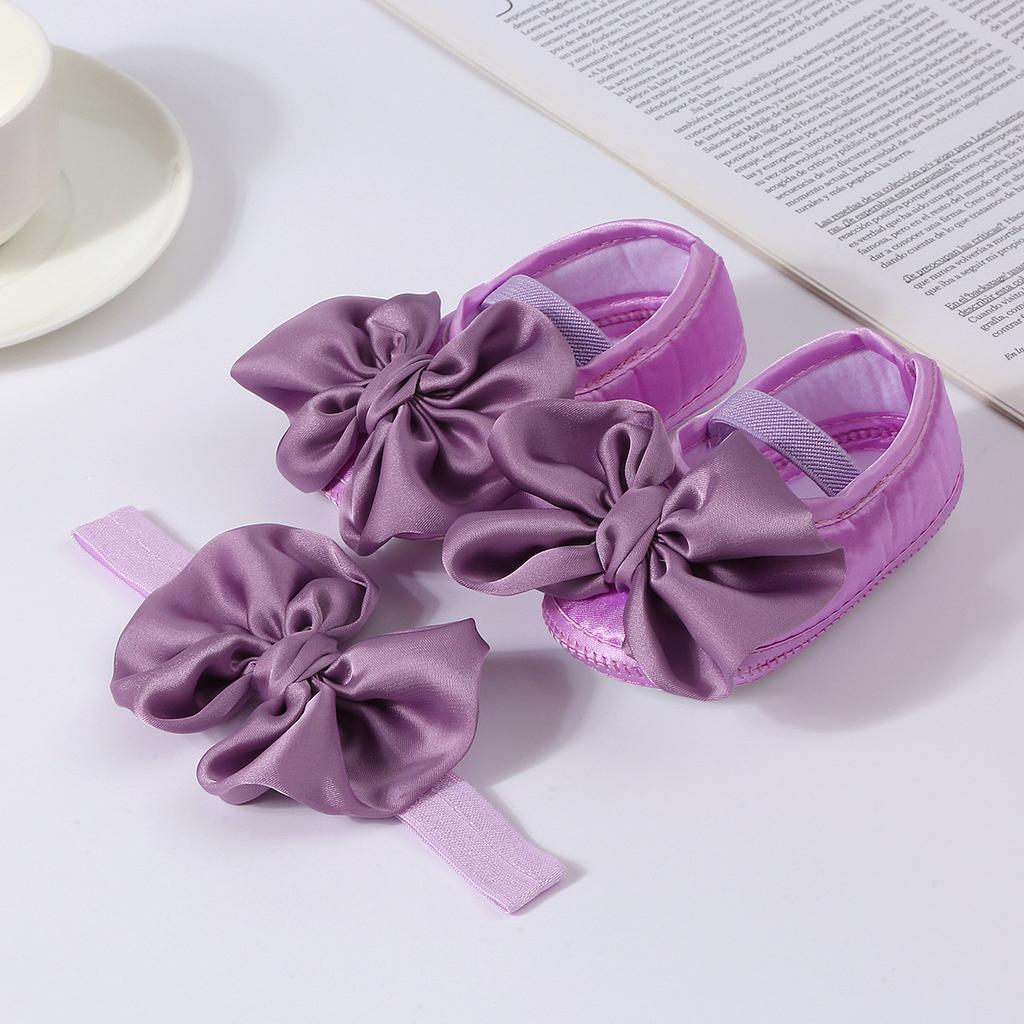 Girls Solid Color First Walkers Shoes & Big Bow Headband Set - Soft Sole Non-slip Toddler Shoes with Grip Dots