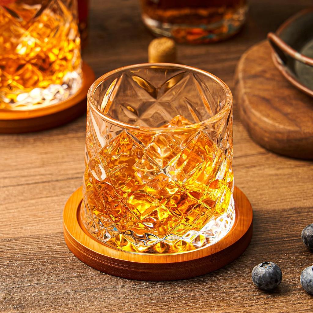 Crystal Whiskey Cup Set with Bamboo Coaster Gift Box Transparent  2 Pack 10 oz