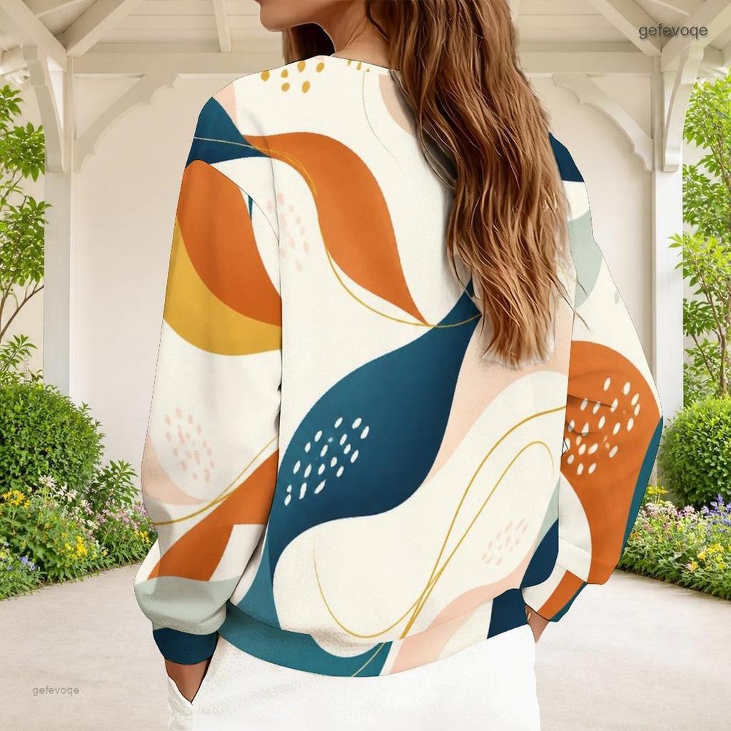 Women Plus Size V Neck Front Zip Long Sleeve Abstract Printed Sweatshirt