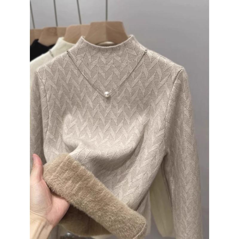 Semi-turtleneck fleece thickened integrated fleece sweater women's autumn and winter new inner bottoming shirt thermal top