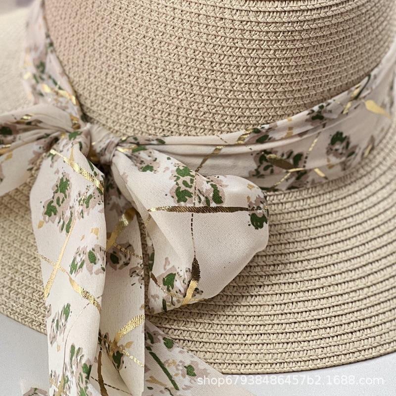 Bow Ribbon Woven Straw Hat Women's Summer French Hepburn Wind Shade Sunscreen Hat Casual Beach Sun Hat