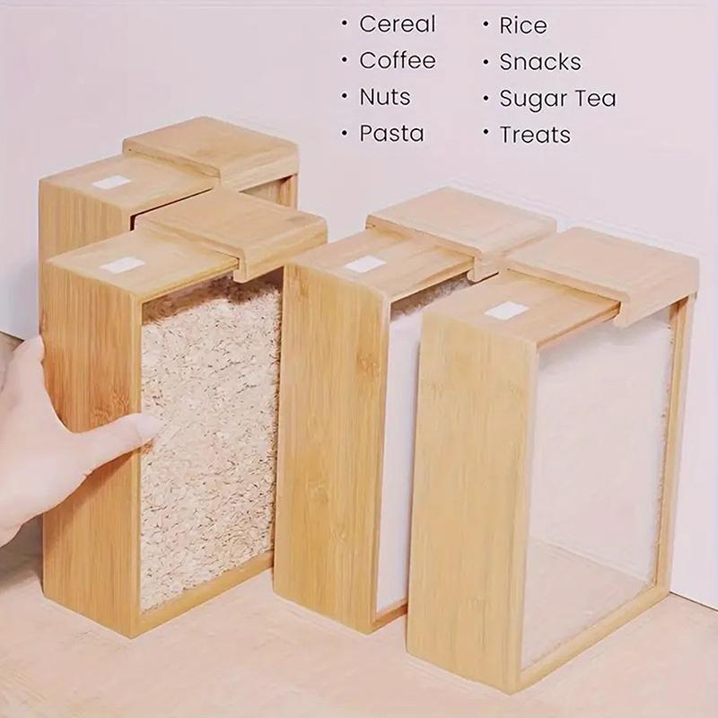 Bamboo Grain Storage Container Food Condiment Dispenser Transparent Sliding Lid Kitchen Storage Tank For Cereal, Rice, Flour