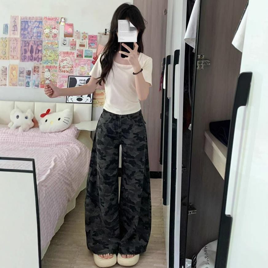 Comfortable Spring and Autumn Work Trousers Female Loose Wide Leg Trousers Draped Straight Camouflage Sports Casual Denim Trousers Long Denim Pants