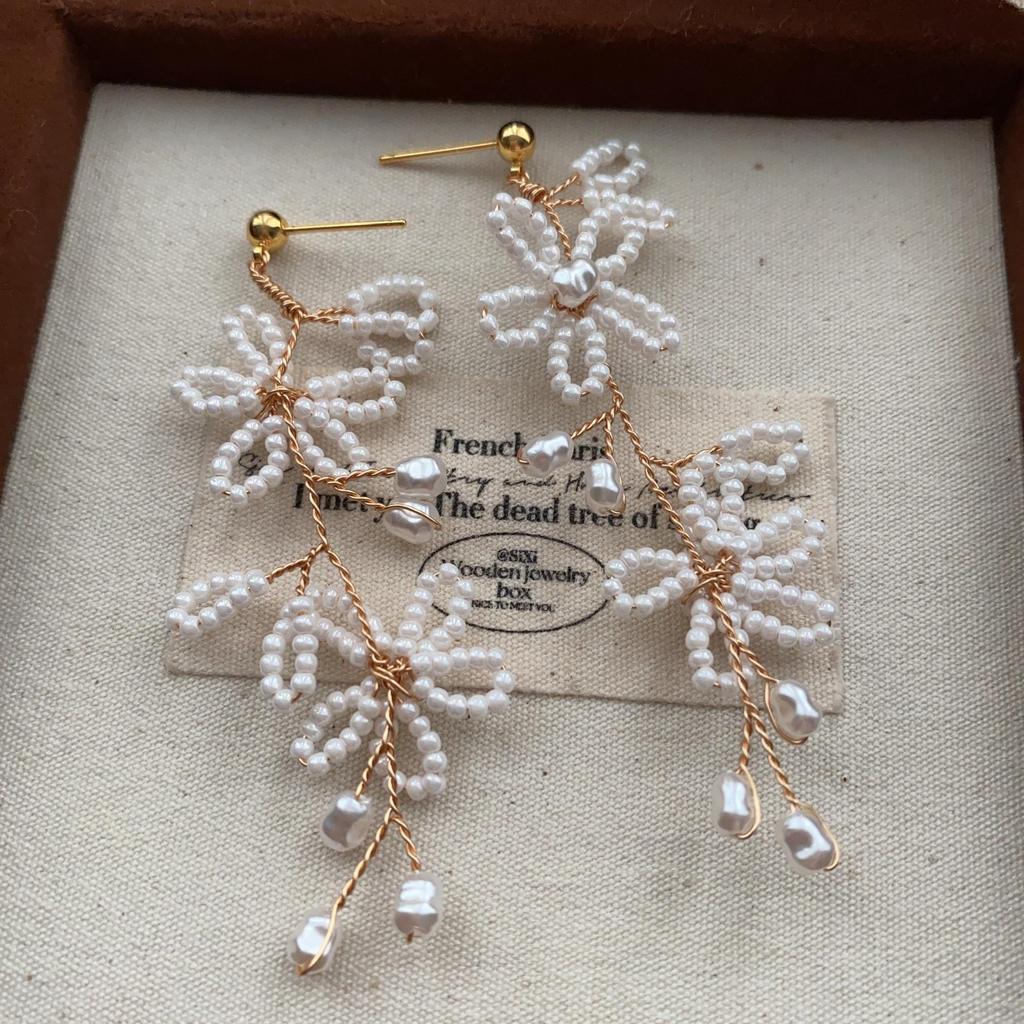 Pearl Rice Beads Flower Beaded Fringed Earrings Earrings Versatile Fresh And Elegant Natural Temperament Earrings