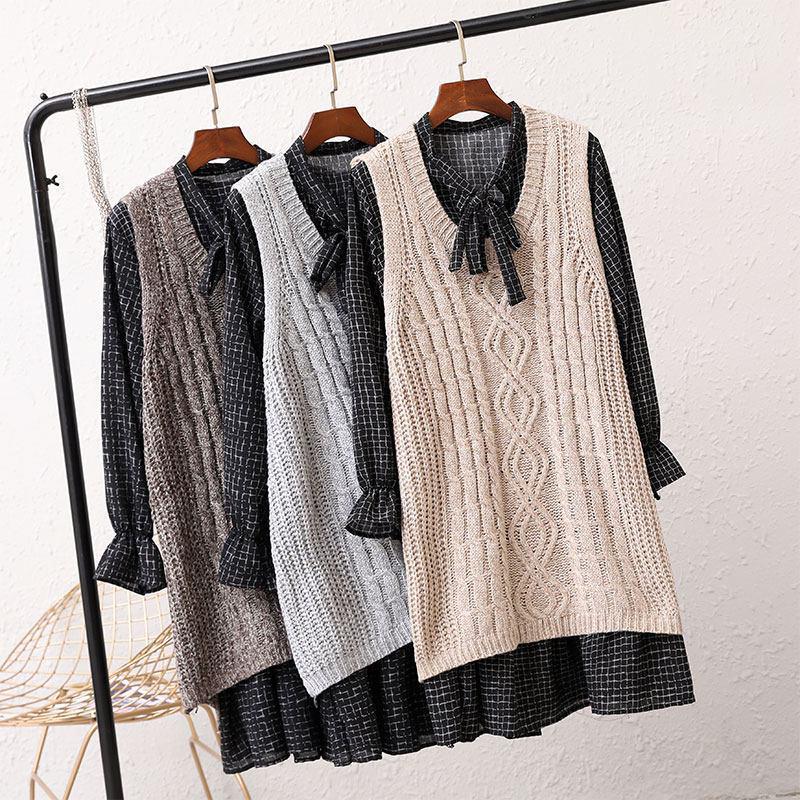 Women's V-Neck Sweater Vest & Knitted Top Set - Mid-Length, Thickened, Korean Style, Sleeveless for Autumn/Winter 2024