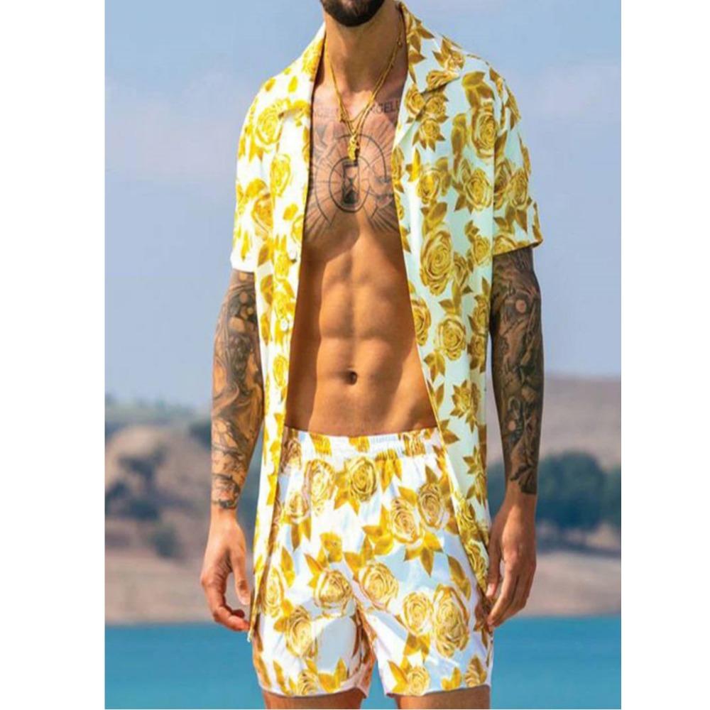 New Beach Set: Men’s Short-Sleeved Shirt and Shorts – Casual Printed Beach and Holiday Set