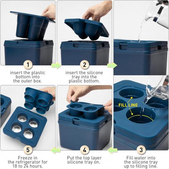 Clear Ice Ball Maker Tray - 2 Inch Ice Cube Maker Mold,4 Cavity Large Clear Ice Ball Silicone Tray, Crystal Clear Ice Sphere Maker Mold for Whiskey