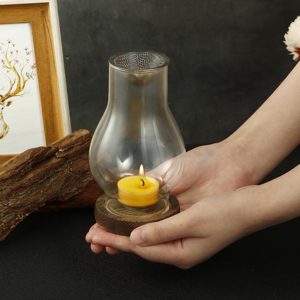 Glass Candle Holder Candle Heating Holder with Wooden Base Aromatherapy Incense Burner for Yoga SPA Aromatherapy