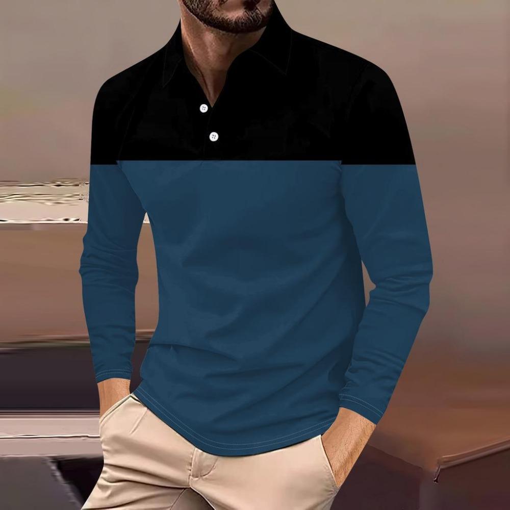 Fashion Men's Sweatshirt Long Sleeve Lapel Top Button Down Striped Polo Shirt