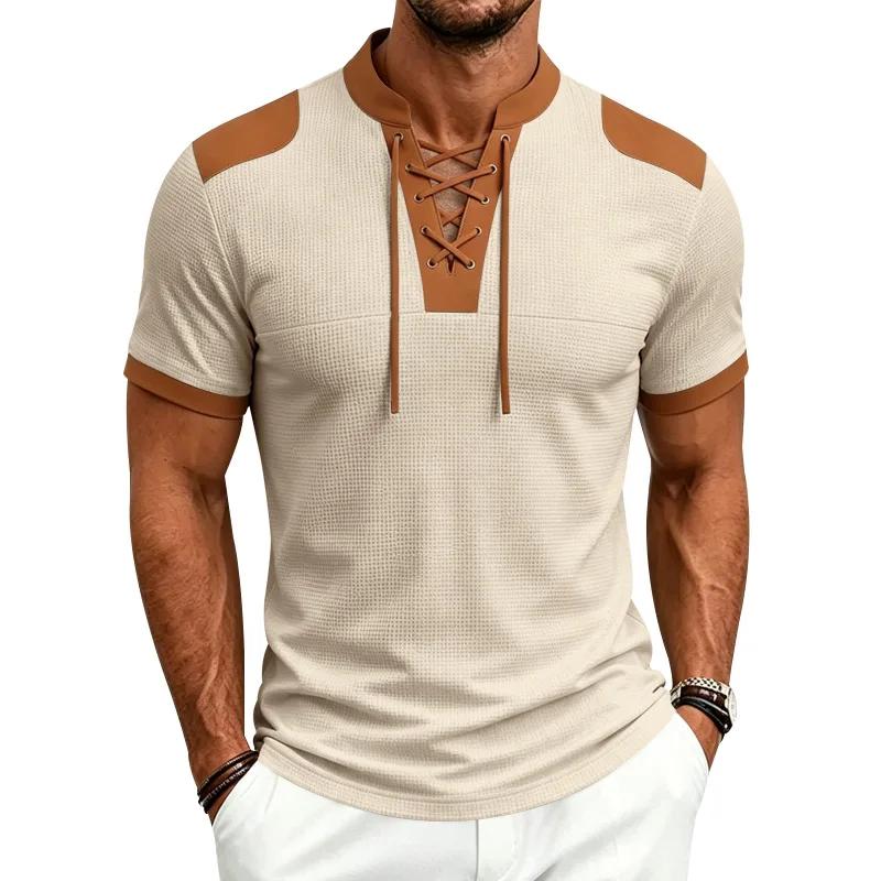 Summer Vintage Style Casual T-Shirts Men Patchwork Drawstring Loose Male Tshirt Short Sleeve Fashion Pull On Tees Streetwear