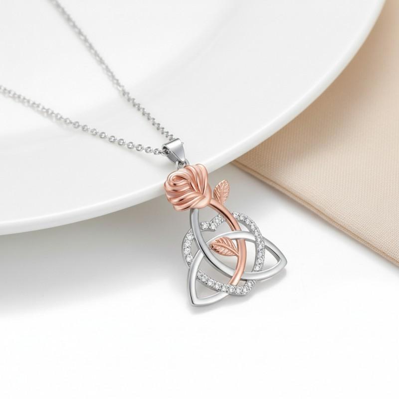 Celtic Knot Heart Rose Pendant Necklace Women Gold Plated Copper Chain Adjustable 41-50cm Cross Link Choker